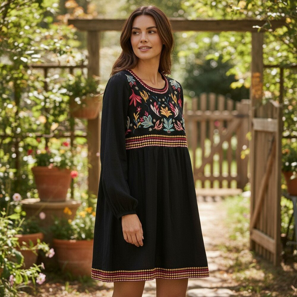 Savanna Jane Womens Small Black Floral Embroidered Long Sleeve Boho Dress Size S